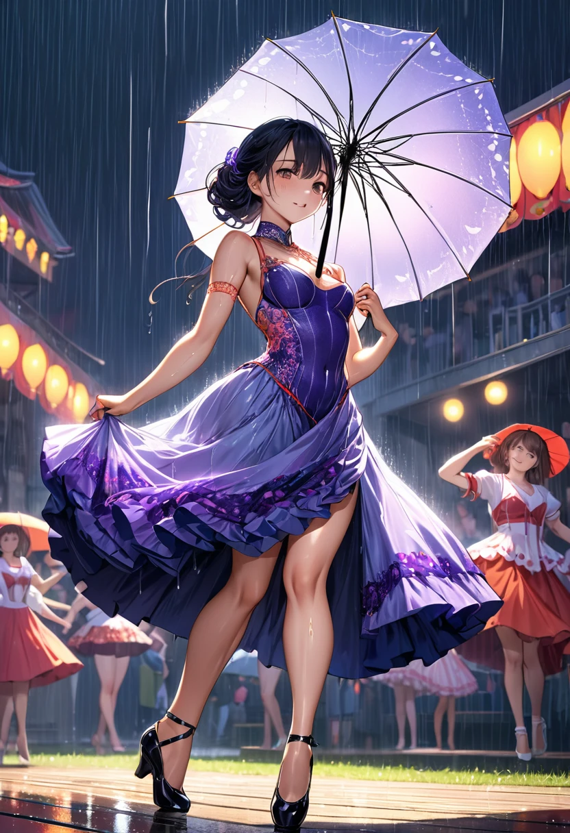 A woman practicing dancing with an umbrella,(Highest quality,Extremely detailed depiction,Incredibly absurd high resolution,Anatomically accurate depiction),(Glowing Skin,Shiny skin,),SFW:1.5,Dresses for dancing,rain,background:Outdoor Stage