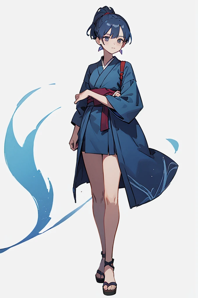 Blue and green yukata、Red and blue hair、Shoulders are out、Mischievous face、Choker on neck、Big earrings、The earrings are red、Arms crossed、Only the mouth is smiling、Straw sandals、Choker on right leg(whole body、Are standing、、White background)