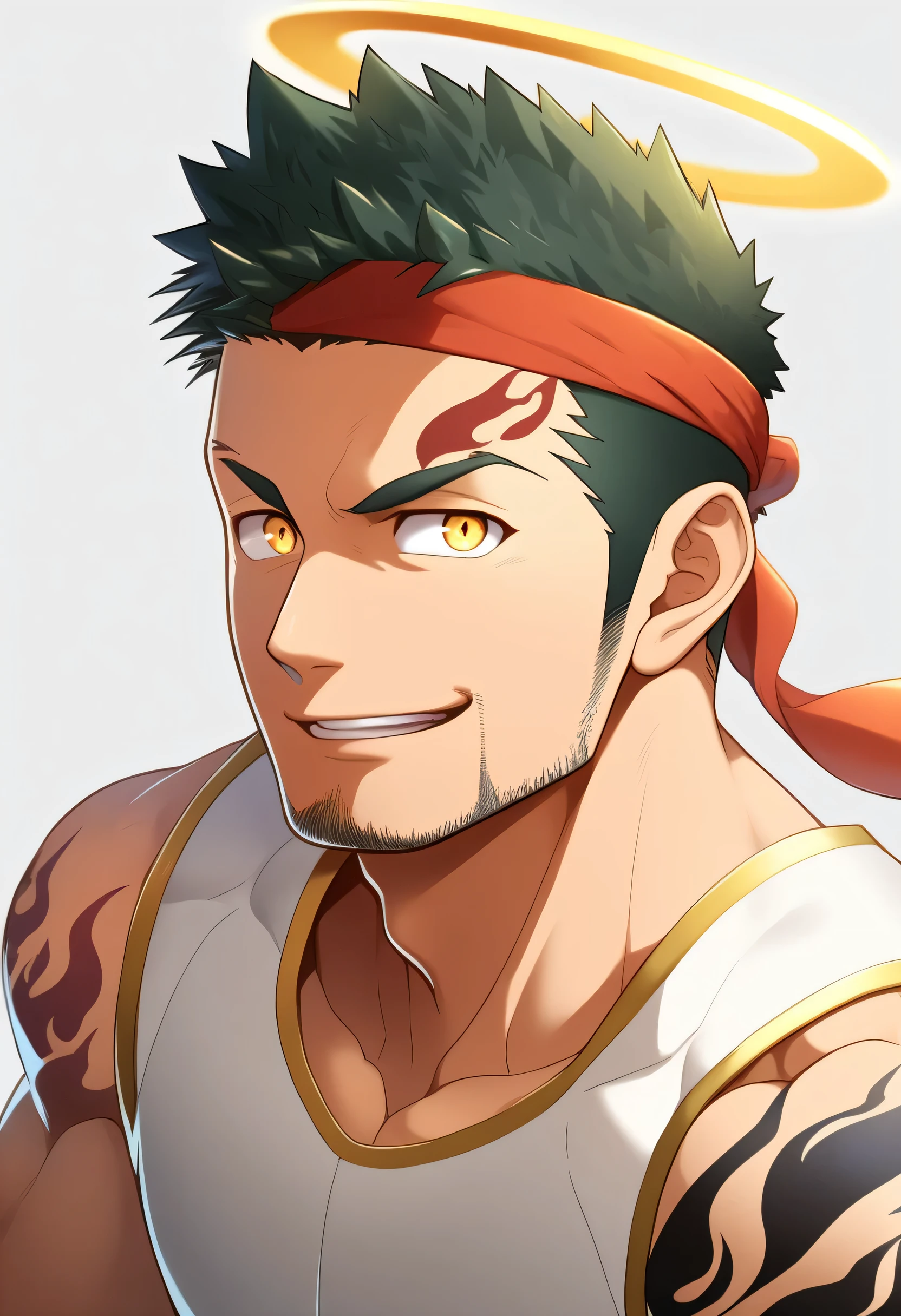 anime characters:Gyee, priapus, ung muscular man, male focus, Flame tattoo, sports Red headband, Creamy white spandex tight tank top, muscular male, muscular, only, Upper body, alone, Black short hair, Thick eyebrows, stubble, Yellow eyes, White background, simple background, amazing quality, best aesthetics, Ridiculous, bright pupils, crew cut, naughty face, torogao, parted lips, halo, god rays, best quality
