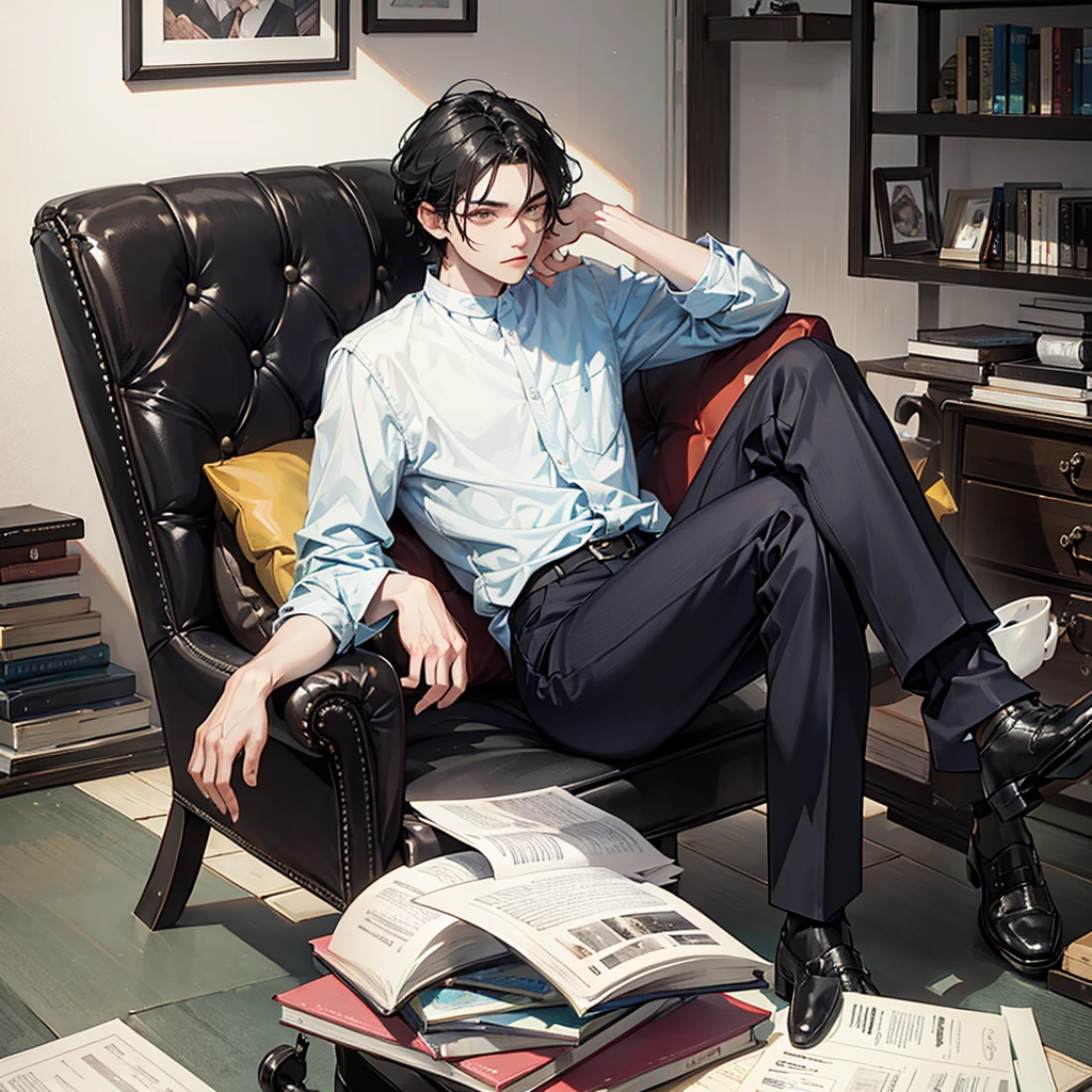 black hair, young man sitting and reading, tired and listless expression, first-person view, anatomically correct, award winning