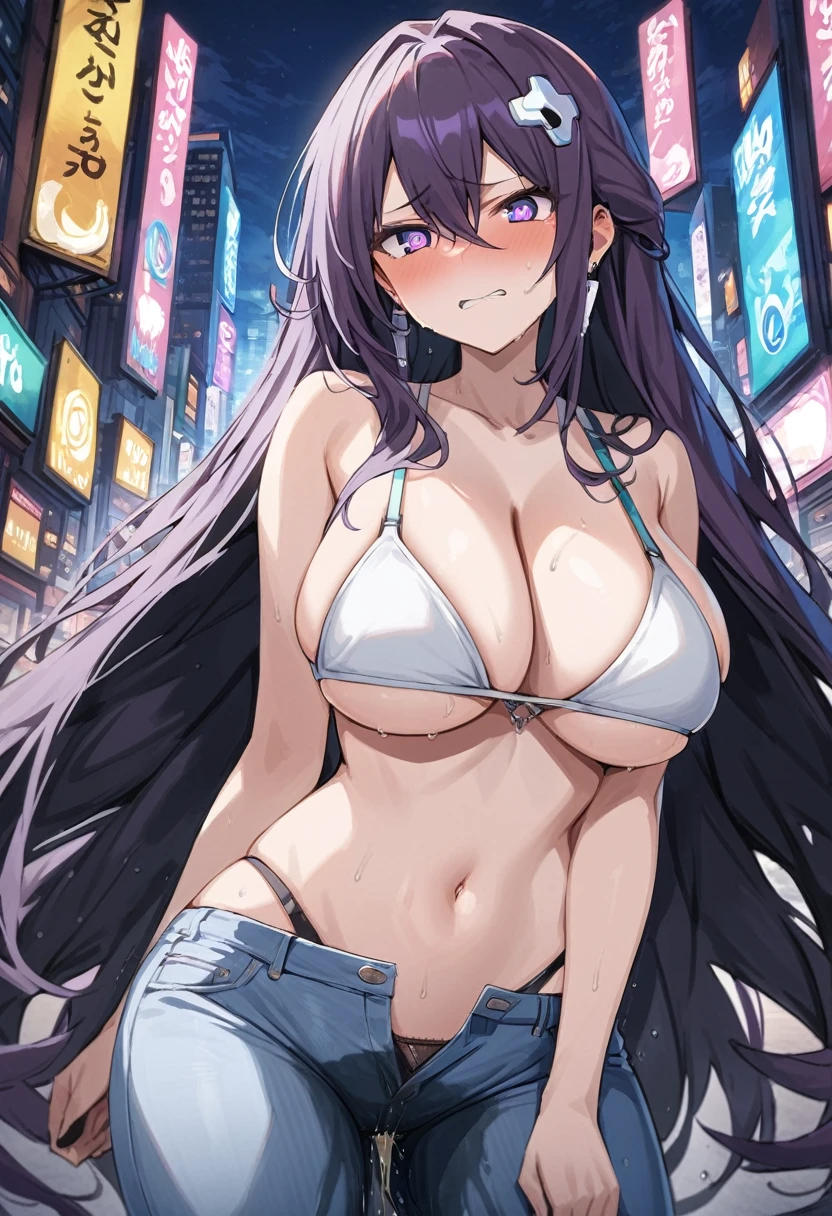 (masterpiece:1.37), best quality, (extremely detailed:1.37), woman, adult, mature, large breasts, (very long hair:1.5), dark purple hair, purple eyes, (extremely detailed eyes:1.37), hoodie, navel, jeans, open fly, (desperation:2.0), (wetting: self 3.0), standing, embarrassed, humiliation, blushing, angry, city, futuristic, neon lighting, high-tech