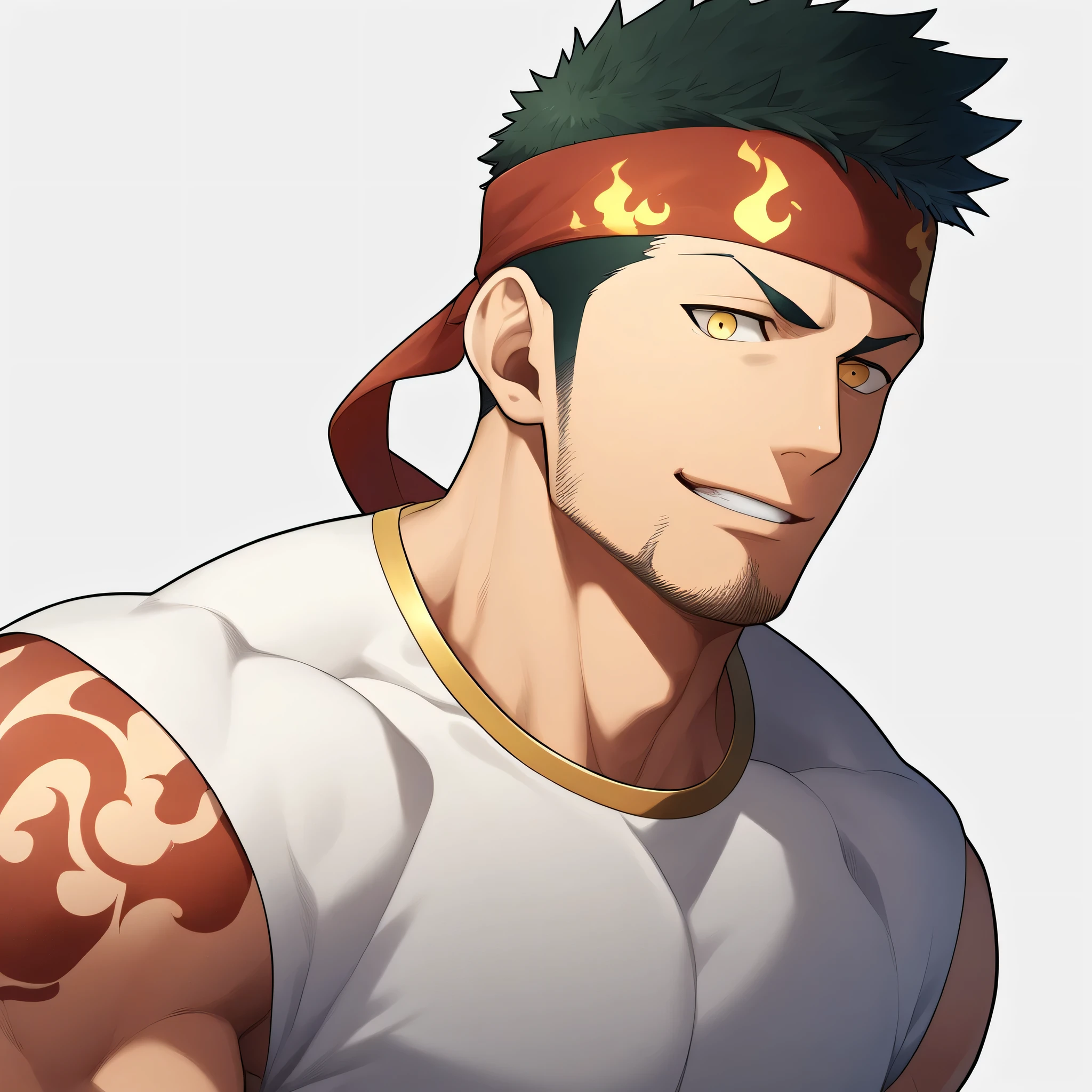 anime characters：Gyee, priapus, 1 young muscular man, male focus, Flame tattoo, sports Red headband, Creamy white spandex tight T-shirt, muscular male, muscular, only, Upper body, alone, Black short hair, stubble, Yellow eyes, White background, simple background, amazing quality, best aesthetics, Ridiculous, bright pupils, crew cut, naughty face, torogao, parted lips, best quality