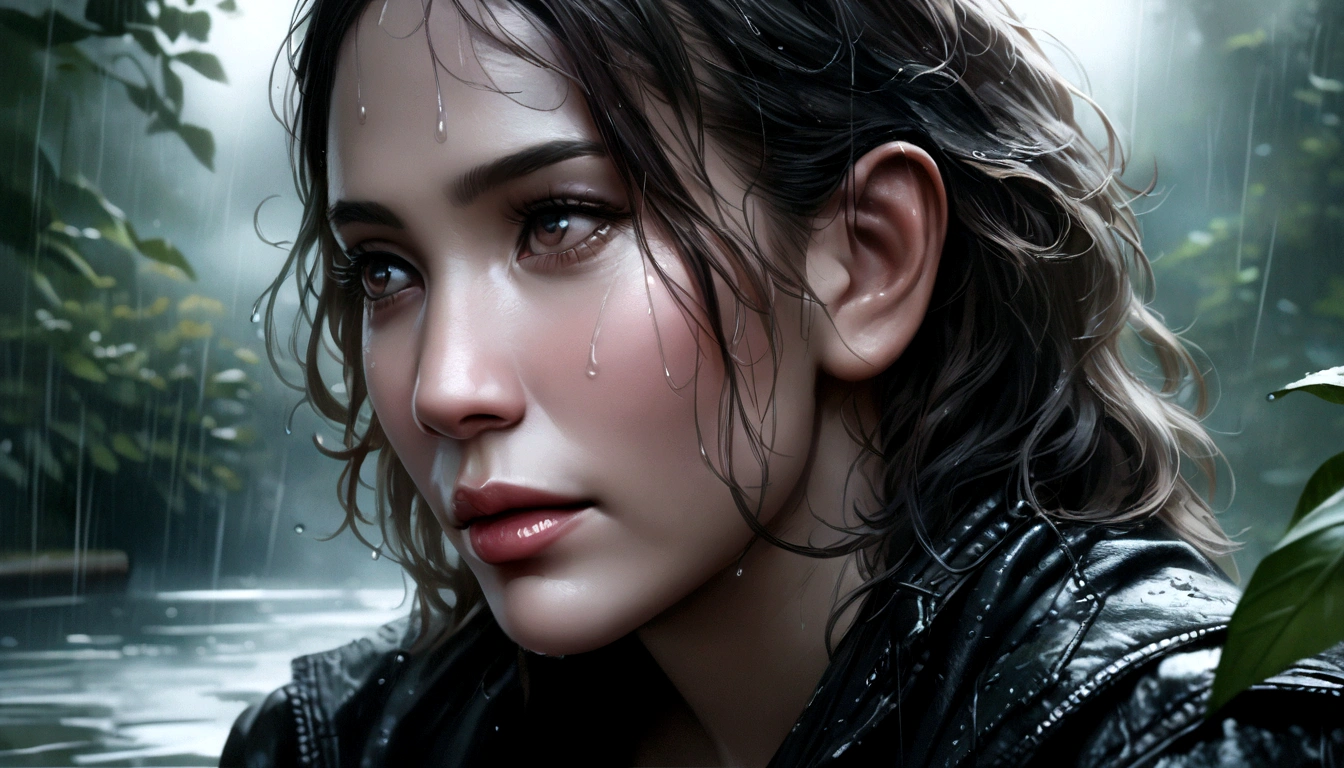 detailed portrait of a young girl dancing in the rain, beautiful detailed eyes, beautiful detailed lips, extremely detailed eyes and face, long eyelashes, playful expression, messy hair, wet skin, rain drops, outdoor garden scene, lush green foliage, overcast sky, dramatic lighting, moody colors, cinematic, (best quality,4k,8k,highres,masterpiece:1.2),ultra-detailed,(realistic,photorealistic,photo-realistic:1.37)