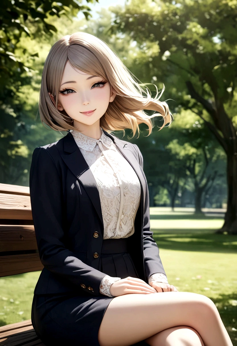 sunny day, stylish photo of a girl in a blazer dress, (swollen eyes:1.05), (white lace shirt), platinum brown hair, (angled bob:1.4), flat bangs, (flowing hair), smile slightly, happy, happiness, very detailed skin, skin pores, Stunning face of innocent symmetry., long eyelashes, black eyeliner, light gold eyeshadow,(sitting on the bench), crossed_legs, emotional, wind, park, trees, Grass, Masterpiece, Best Quality, photorealistic,