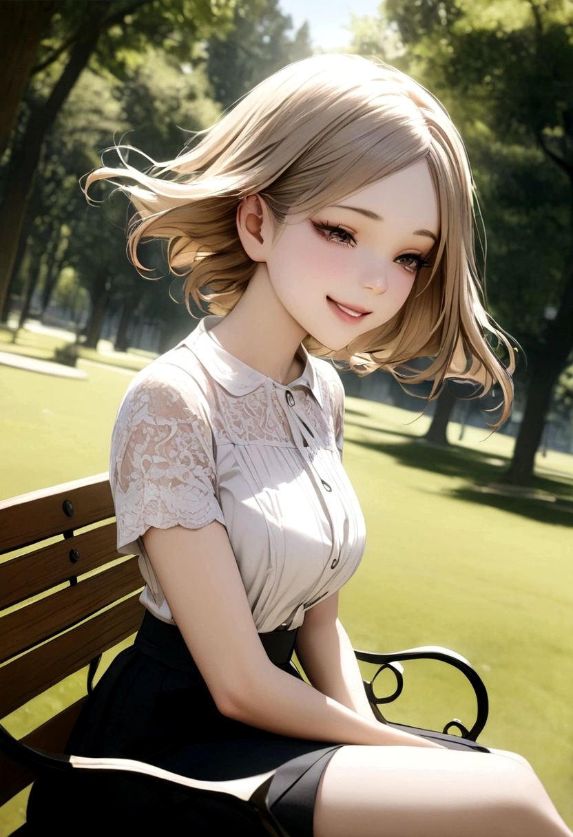 sunny day, stylish photo of a girl in a blazer dress, (swollen eyes:1.05), (white lace shirt), platinum brown hair, (angled bob:1.4), flat bangs, (flowing hair), smile slightly, happy, happiness, very detailed skin, skin pores, Stunning face of innocent symmetry., long eyelashes, black eyeliner, light gold eyeshadow,(sitting on the bench), crossed_legs, emotional, wind, park, trees, Grass, Masterpiece, Best Quality, photorealistic,