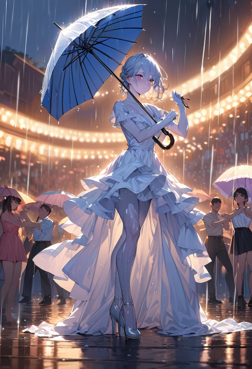 A woman practicing dancing with an umbrella,(Highest quality,Extremely detailed depiction,Incredibly absurd high resolution,Anatomically accurate depiction),(Glowing Skin,Shiny skin,),SFW:1.5,Dresses for dancing,rain,background:Outdoor Stage