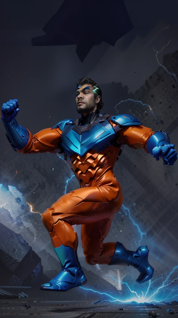 Master Piece, best quality, (extremely detailed CG unity 8k wallpaper), (best quality) 8k detail. COMIC ART,  a close up of a drawing of a man in a blue suit,  tall muscular bald black man in blue skin tight costume that covers his whole body except his chin and mouth, he is wearing orange eye goggles, there is an orange fin on top oh his head, he has an orange chest design of a "U", large blue man has small electrical static discharge visible on his skin. full portrait, superhero character, 90s comic book character design, comic book character, heroic masculine pose, caracal cyborg, full body concept, some orange and blue, vibrant fan art, no backdrop, white background.
