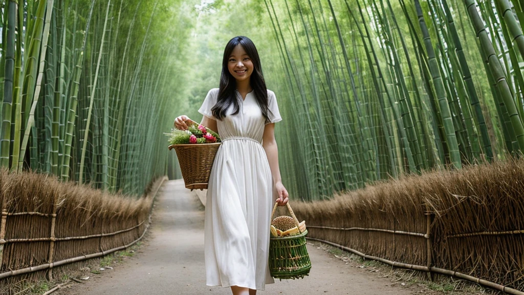 ((best quality)), ((masterpiece)), (detailed)，A figure walked out from the depths of the bamboo forest，Wearing a simple dress，Holding a basket of freshly picked bamboo shoots，With a warm smile on his face