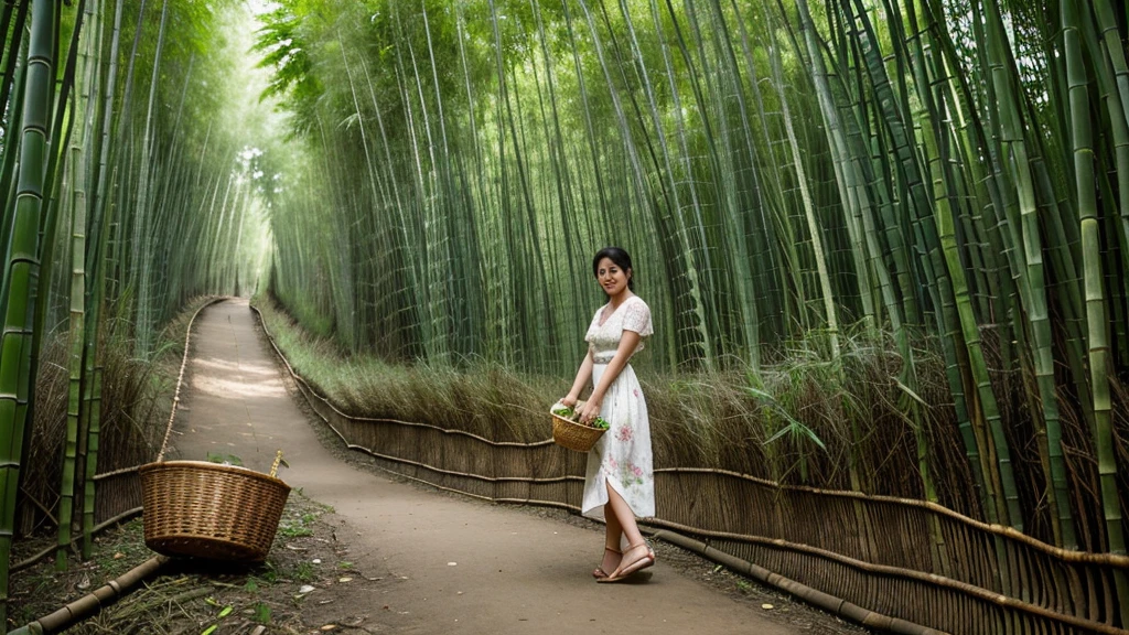 ((best quality)), ((masterpiece)), (detailed),A figure walked out from the depths of the bamboo forest,Wearing a simple dress,Holding a basket of freshly picked bamboo shoots,With a warm smile on his face