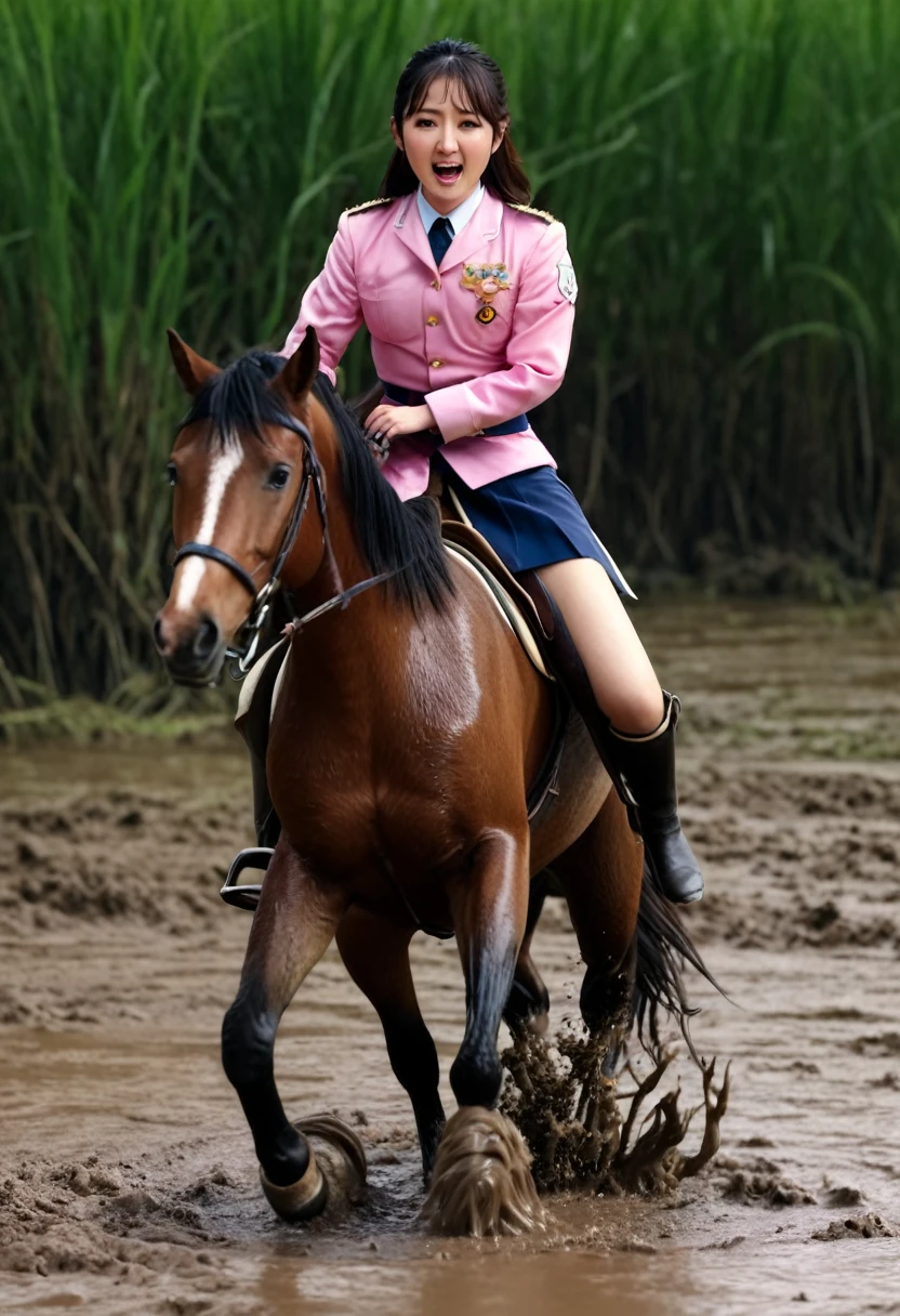 (((masterpiece))),(((Highest quality))),((Tabletop:1.4, Highest quality)), (Realな写真:1.4), 
((1 cute girl knight)),rodeo,horse standing,Surprised face,stumble,aggressive,slouch,horse standing, prancing horse in pitfall,cute,Napoleon horse,
(超High resolution:1.2),, wonderful, Very detailed CG Unity 8k wallpaper, Very detailed, High resolution,fat horse ridden by japanese girl,Plump,Double,Pink military uniform,Soaking in the swamp,Mud Splash,
Soft Light, Beautiful detailed girl, Droopy eyes,Very detailedな目と顔, Beautiful and exquisite nose, Beautiful and exquisite,  horse ridden by a girl can't stand up because its drowned in the sticky muddy pitfall:10.0 ,Displeased face:4.0,Real,Stir,Anatomically correct,action horse riding scene while struggle fighting