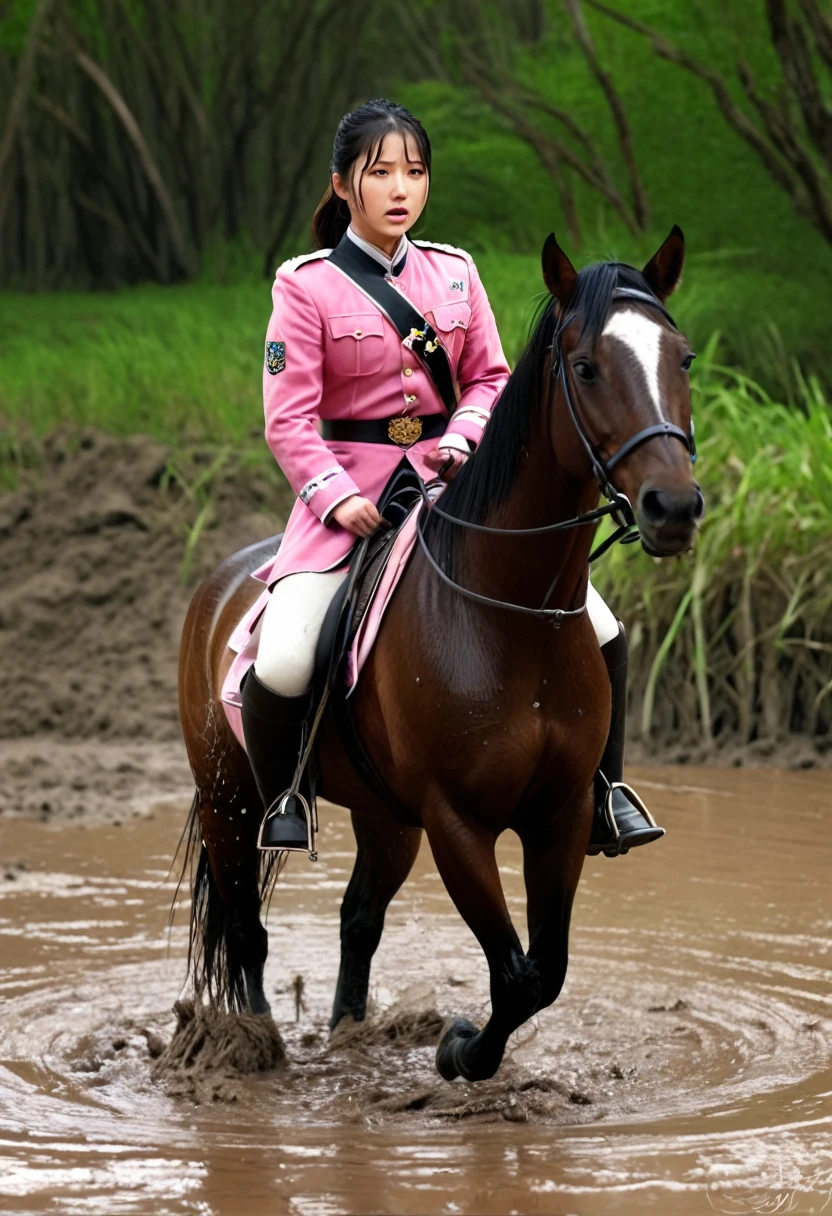 (((masterpiece))),(((Highest quality))),((Tabletop:1.4, Highest quality)), (Realな写真:1.4),
((1 cute girl knight)),rodeo,horse standing,Surprised face,stumble,aggressive,slouch,horse standing, prancing horse in pitfall,cute,Napoleon horse,
(超High resolution:1.2),, wonderful, Very detailed CG Unity 8k wallpaper, Very detailed, High resolution,fat horse ridden by japanese girl,Plump,Double,Pink military uniform,Soaking in the swamp,Mud Splash,
Soft Light, Beautiful detailed girl, Droopy eyes,Very detailedな目と顔, Beautiful and exquisite nose, Beautiful and exquisite, horse ridden by a girl can't stand up because its drowned in the sticky muddy pitfall:10.0 ,Displeased face:4.0,Real,Stir,Anatomically correct,action horse riding scene while struggle fighting