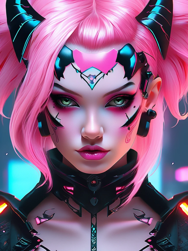 a close up of a woman with pink hair and tattoos, cyberpunk art inspired by rossdraws, trending on cg society, gothic art, demon girl, portrait of demon girl, beautiful succubus, demon anime girl, beautiful pink little alien girl, horrific digital art, pastel goth, gothic art style, gothic fantasy art, monster high makeup, trending on deviant art