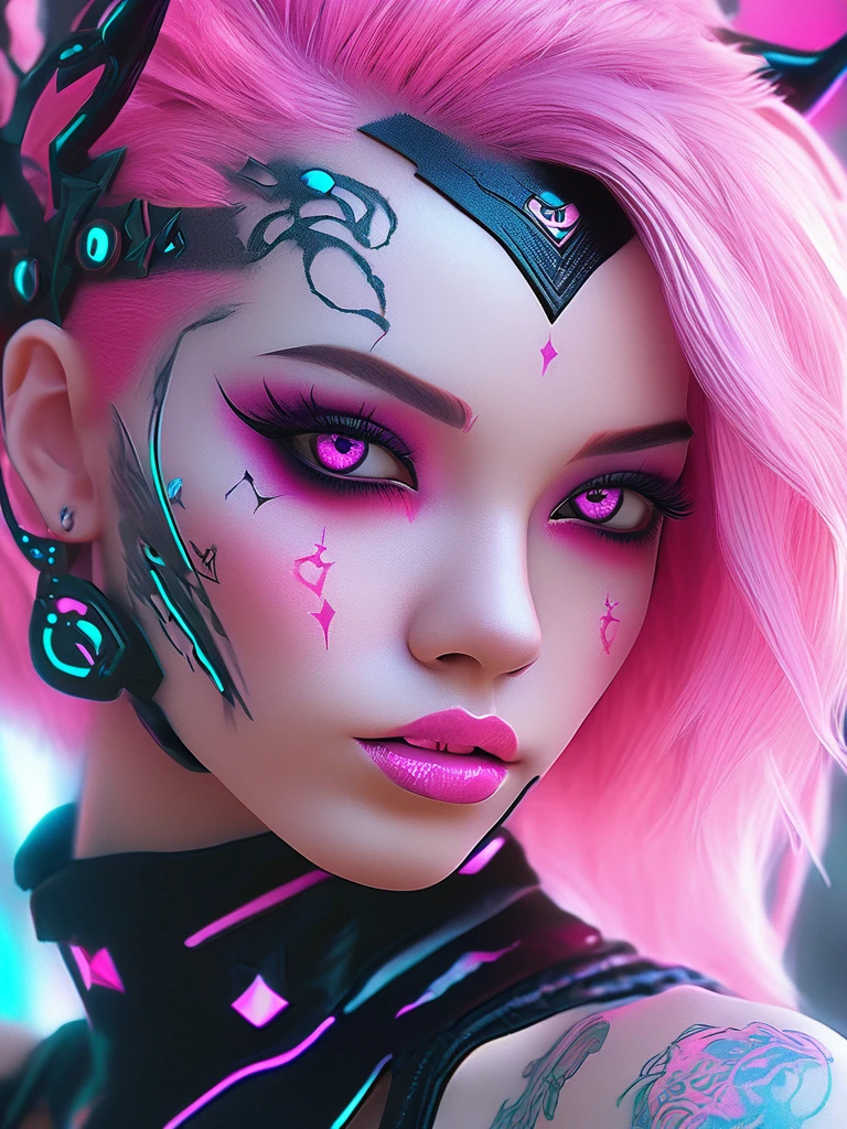 a close up of a woman with pink hair and tattoos, cyberpunk art inspired by rossdraws, trending on cg society, gothic art, demon girl, portrait of demon girl, beautiful succubus, demon anime girl, beautiful pink little alien girl, horrific digital art, pastel goth, gothic art style, gothic fantasy art, monster high makeup, trending on deviant art