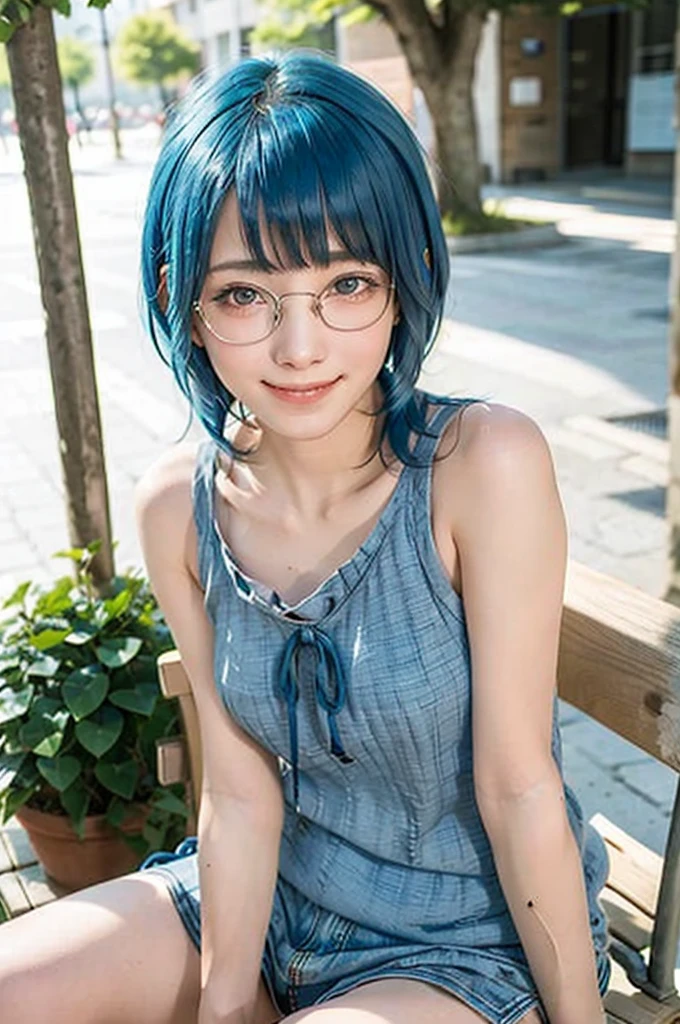masterpiece, 8K, RAW Photos, of the highest quality, photograph, photo quality, realistic, European girl portrait,alone, sitting on bench, red glasses, short bangs, (smile:1.2), 20-year-old,Beautiful Face,Upper Body, long hair, ((blue hair:1.3)), summer casual outfit, sunny day, cowboy shot,