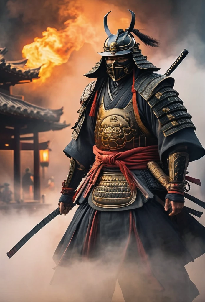 A Japanese ancient samurai ronin with magnificent mask in portrait, the atmosphere is heavy and sad. It's very detailed and in the atmosphere of the old quarter of the time, background with fire qnd smoke and fog, BEST quality, masterpiece,extreme intrincate detail and textures, dark clouds