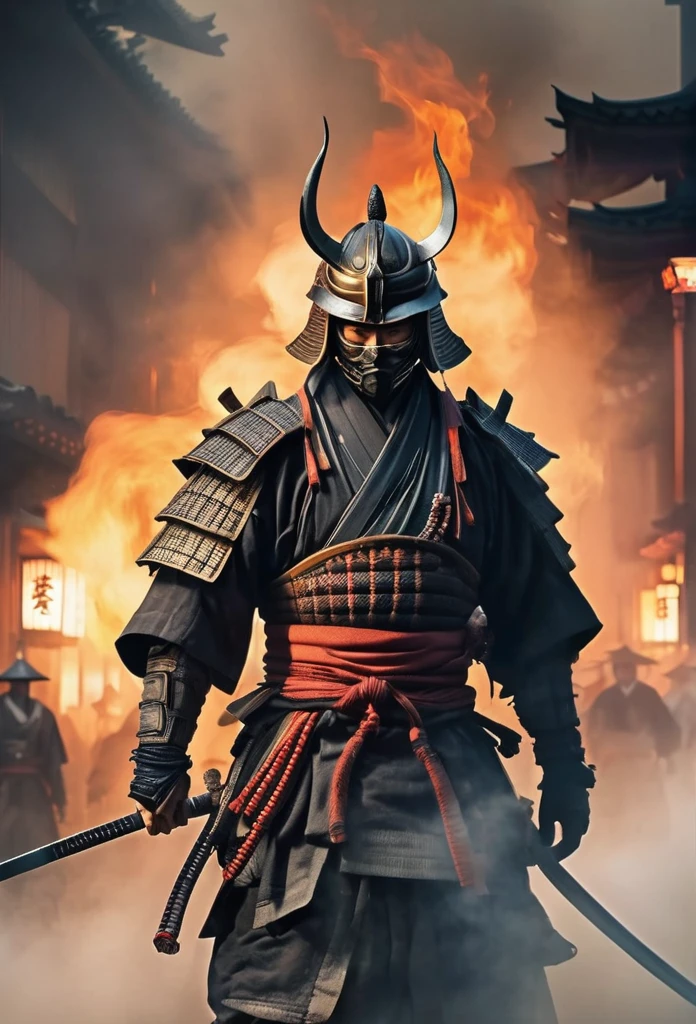 A Japanese ancient samurai ronin with magnificent mask in portrait, the atmosphere is heavy and sad. It's very detailed and in the atmosphere of the old quarter of the time, background with fire qnd smoke and fog, BEST quality, masterpiece,extreme intrincate detail and textures, dark clouds 