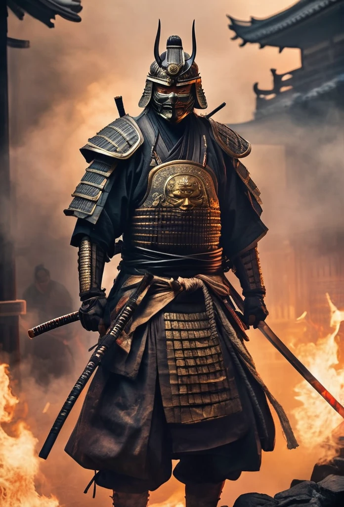 A Japanese ancient samurai ronin with magnificent mask in portrait, the atmosphere is heavy and sad. It's very detailed and in the atmosphere of the old quarter of the time, background with fire qnd smoke and fog, BEST quality, masterpiece,extreme intrincate detail and textures, dark clouds