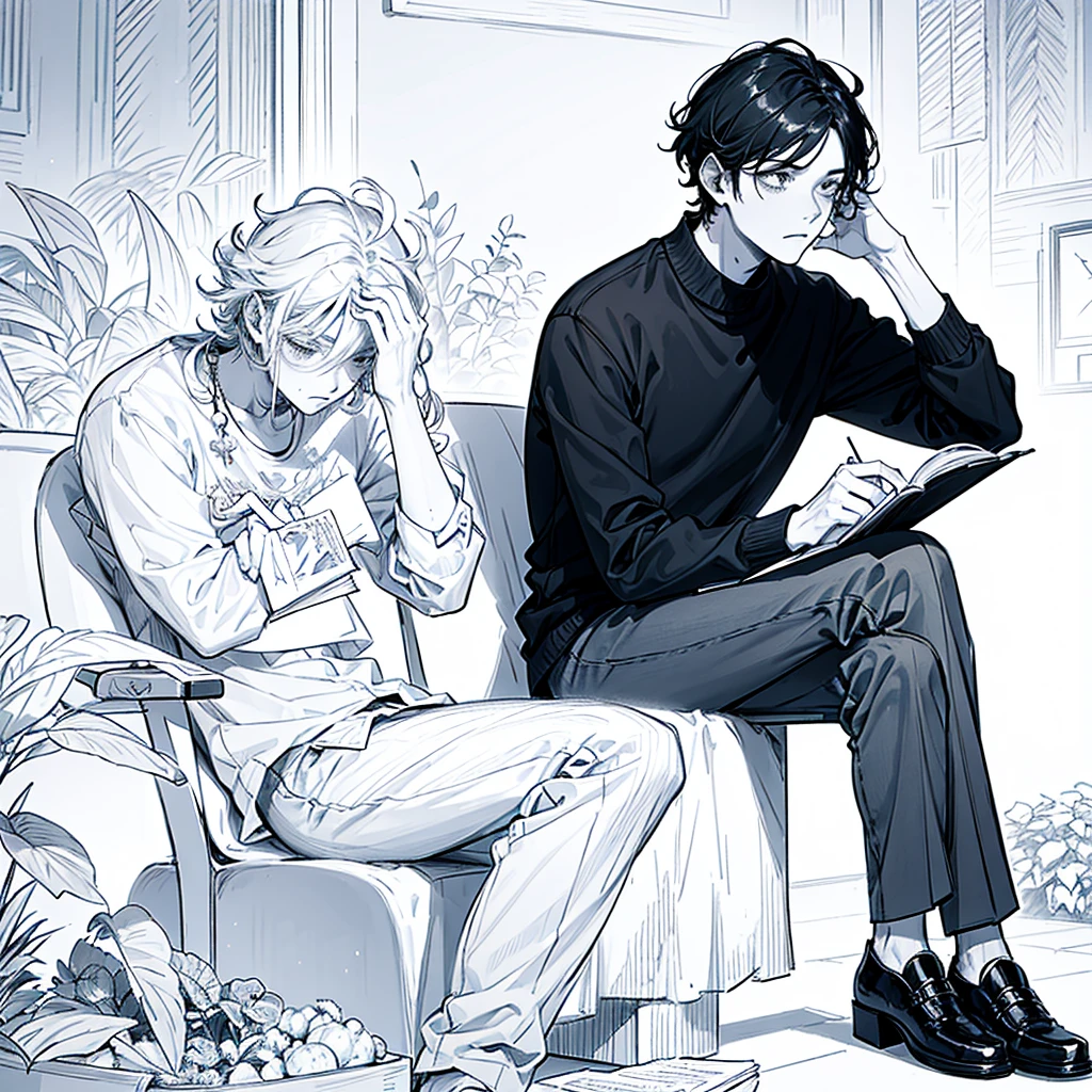 black hair, young man sitting and reading, tired and listless expression, sketch , line art,first-person view, anatomically correct, award winning