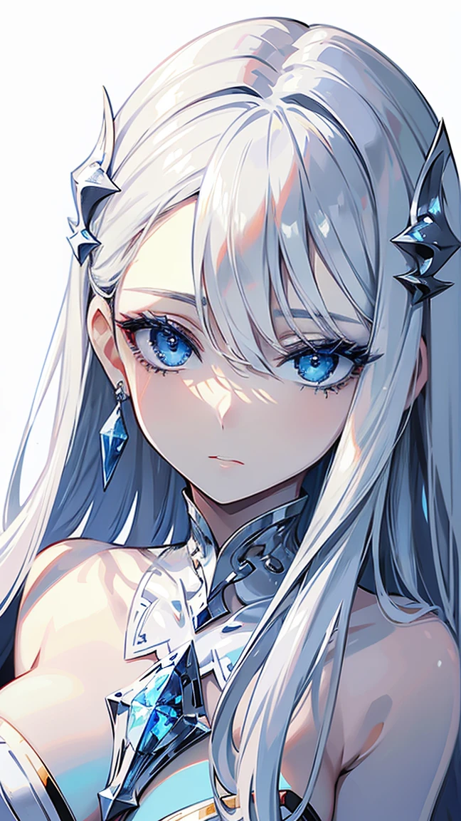 (masterpiece),((Highly detailed long silver hair)),((expressive blue eyes)),(Highly detailed white dress),deep ,happy expression,extremely beautiful mature wmilf,pale whitin,silver jewelry,best quality,cel shading,8K HD,highly detaild face, highly detaild eyes,flat color,digital color,(close angle),low contrast,contrapposto,white background,