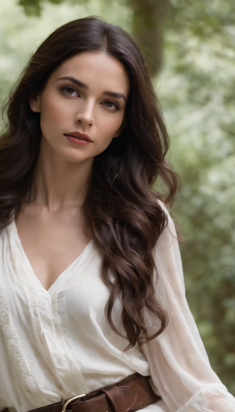 A stunning digital portrait of a mysterious woman with flowing ebony locks cascading down her back, adorned in a crisp white blouse and accessorized with a rustic brown belt and delicate necklace.