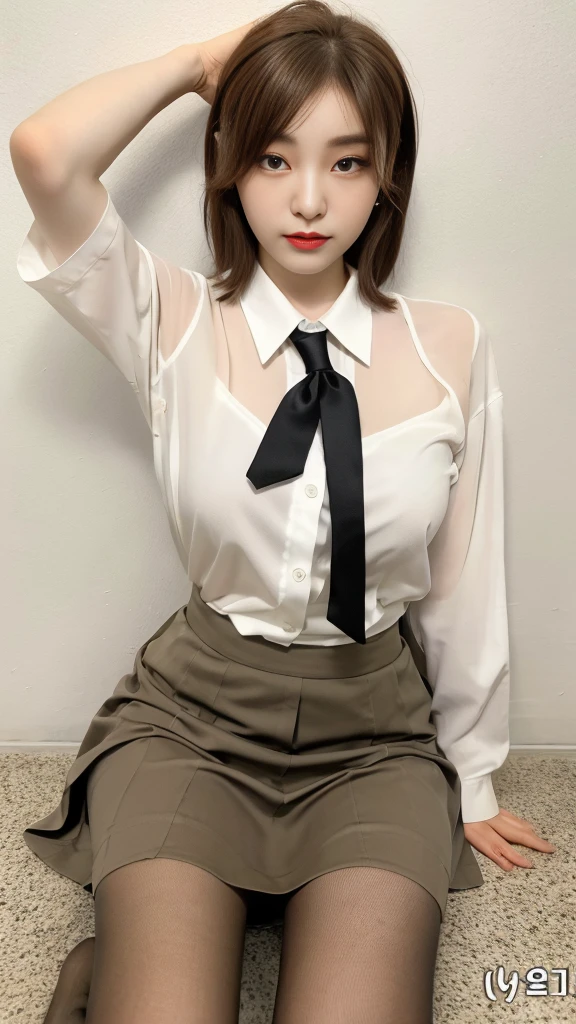 Korean 、summer shirt、Tight shirt、Ribbon Ties、skirt by the、schools、stairs at school、chest lifting pose、Emphasis on the chest、Slender and large、8K raw photos、A high resolution、18-year-old Korean、embarrassing looking、very large round breasts、Beautiful eyes finely detailed、long eyelasher、beautiful double eyelid、eye shadows、eyeline、slender eyes、Elongated eye shape、Sanpaku eyes、beautiful and thin legs、Beautiful slender thighs、Random Shorthair、Tie your hair behind your head、耳Nipple Ring、Light brown hair、(Wear pantyhose)、Hold your knees,short hair, fishnet stocking
