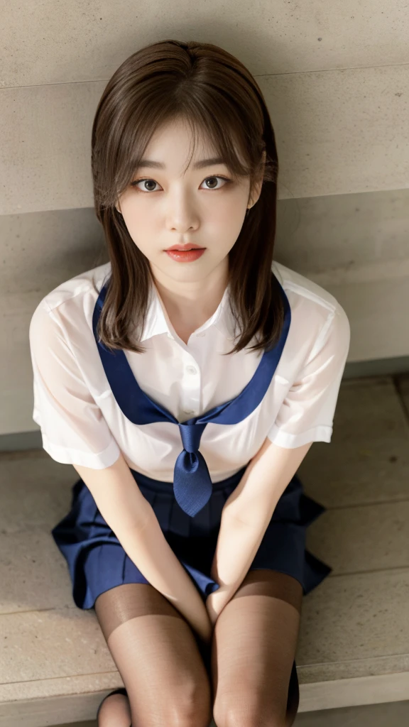 Korean 、summer shirt、Tight shirt、Ribbon Ties、skirt by the、schools、stairs at school、chest lifting pose、Emphasis on the chest、Slender and large、8K raw photos、A high resolution、18-year-old Korean、embarrassing looking、very large round breasts、Beautiful eyes finely detailed、long eyelasher、beautiful double eyelid、eye shadows、eyeline、slender eyes、Elongated eye shape、Sanpaku eyes、beautiful and thin legs、Beautiful slender thighs、Random Shorthair、Tie your hair behind your head、耳Nipple Ring、Light brown hair、(Wear pantyhose)、Hold your knees,short hair, fishnet stocking