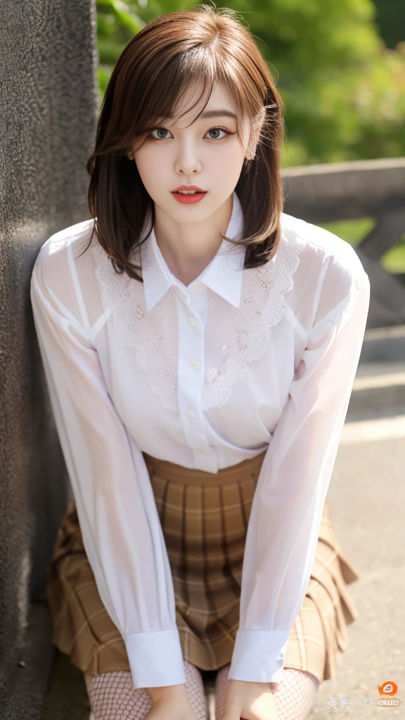 Korean 、summer shirt、Tight shirt、Ribbon Ties、skirt by the、schools、stairs at school、chest lifting pose、Emphasis on the chest、Slender and large、8K raw photos、A high resolution、18-year-old Korean、embarrassing looking、very large round breasts、Beautiful eyes finely detailed、long eyelasher、beautiful double eyelid、eye shadows、eyeline、slender eyes、Elongated eye shape、Sanpaku eyes、beautiful and thin legs、Beautiful slender thighs、Random Shorthair、Tie your hair behind your head、耳Nipple Ring、Light brown hair、(Wear pantyhose)、Hold your knees,short hair, fishnet stocking