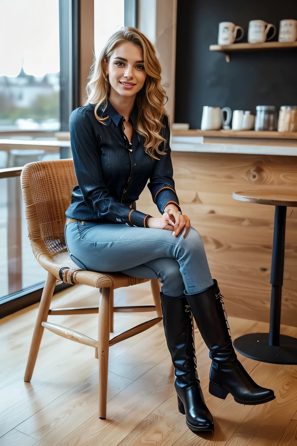 high quality,16K:1.1),((, German woman sitting on a chair in a coffee shop), 、(Full Body Shot:1.2),(),Blonde wavy hair、、ear piercing、smile、Beautiful teeth alignment、((Long sleeve blouse、Skinny jeanid、 Boots)), ,(View your audience:1.3),The background is a coffee shop