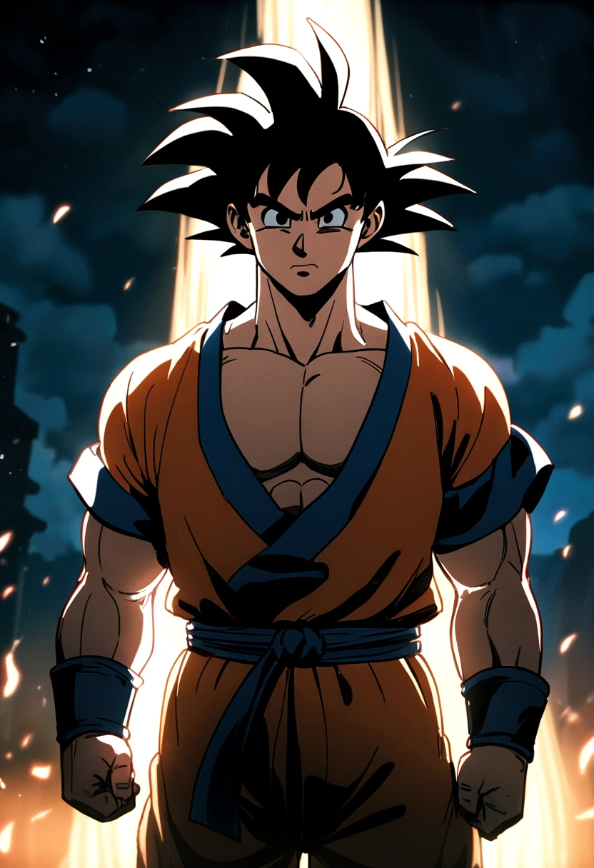 Michael Phelps wearing son goku clothes, son goku hair, son goku body, illuminated bright face, cinematic,epic scene,