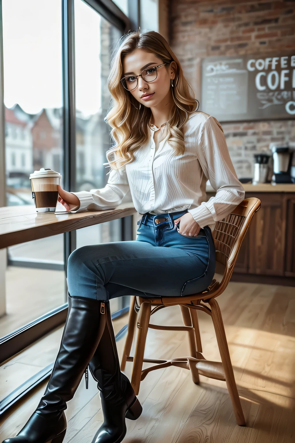 high quality,16K:1.1),((, German woman sitting on a chair in a coffee shop), 、(Full Body Shot:1.2),(),Blonde wavy hair、Glasses、ear piercing、smile、Beautiful teeth alignment、((Long sleeve blouse、Skinny jeanid、 Boots)), ,(View your audience:1.3),The background is a coffee shop