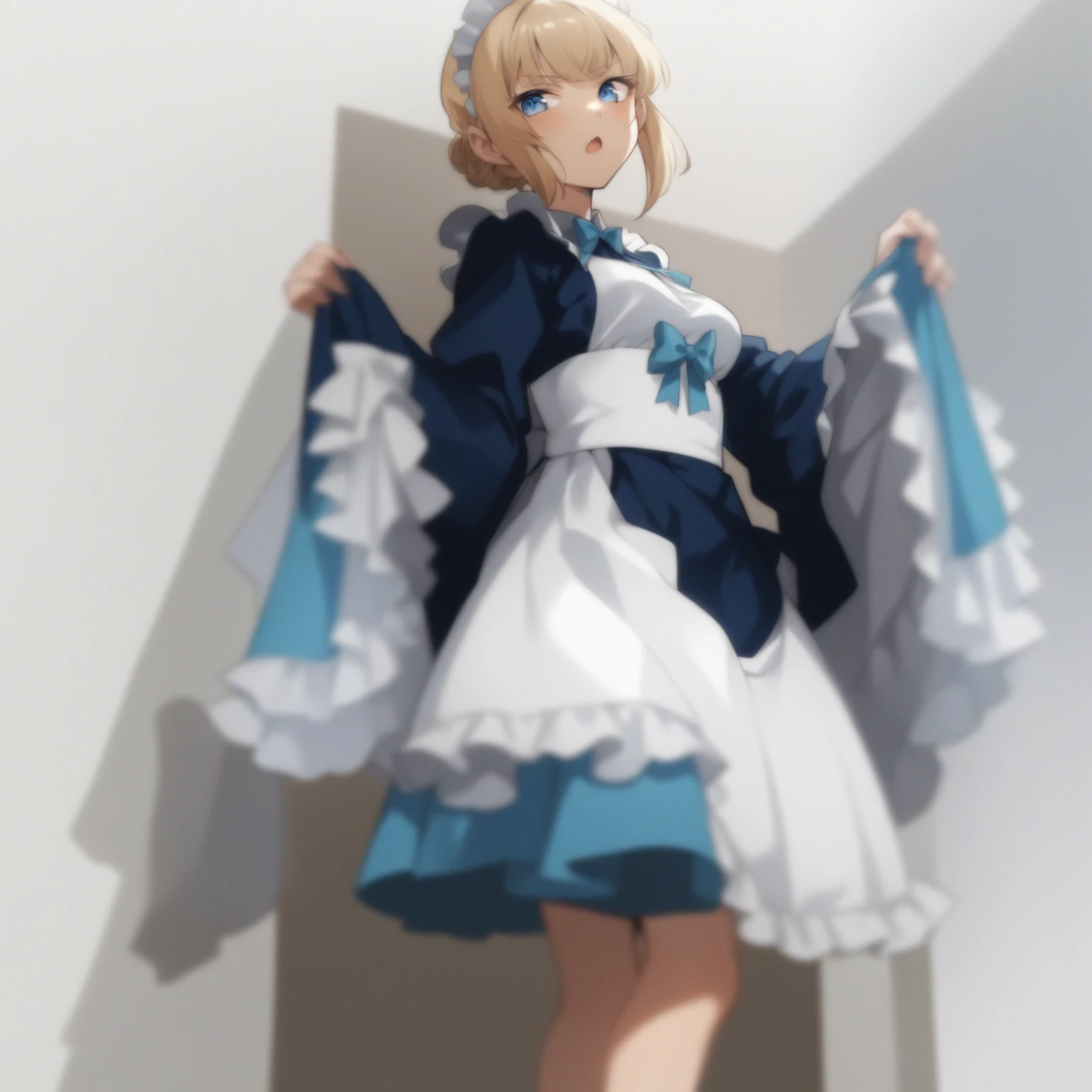 anime - style girl in a blue and white dress holding a blue and white dress, anime girl in a Maid costume, in dress, gorgeous Maid, cute anime waifu in a nice dress, Maid outfit, anime cat girl in a Maid costume, , Catboy Cosplay! Maid! dress, Maid, , Maid dress
