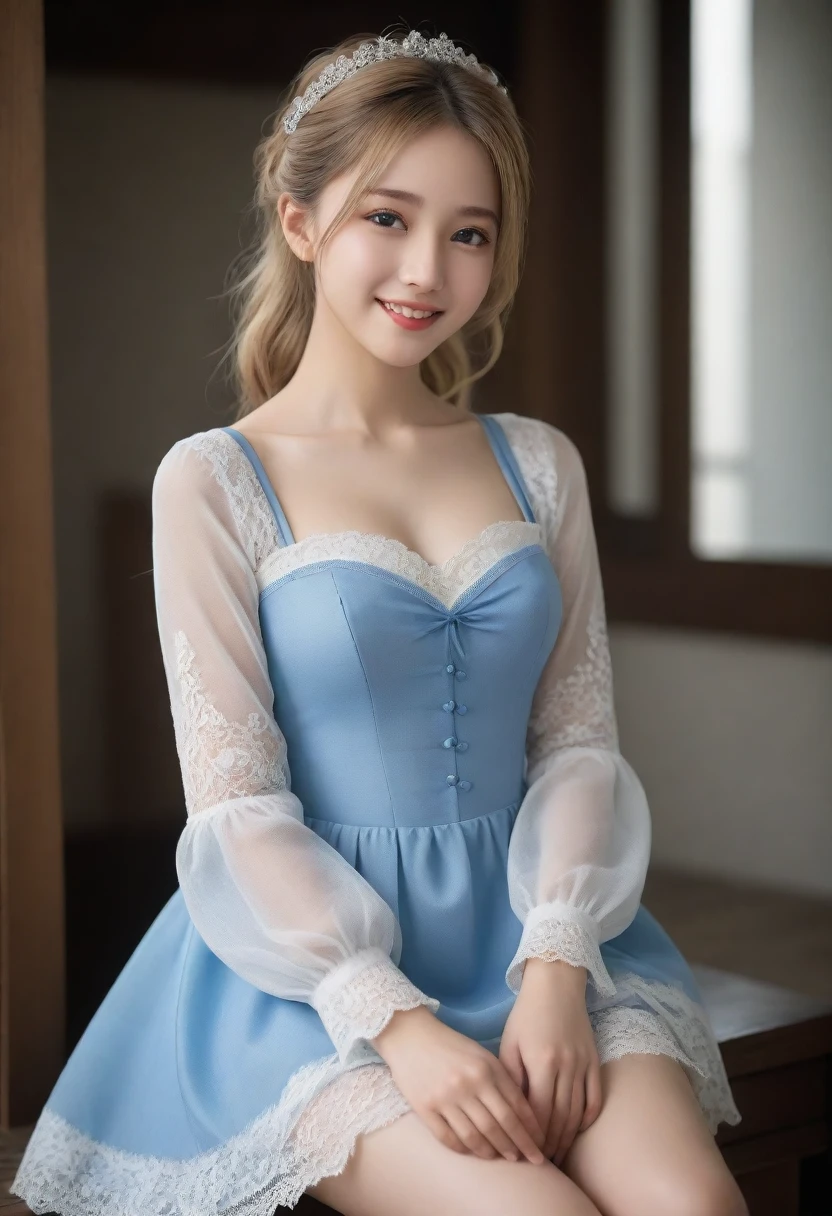 8K, Ultra-high resolution, Highest quality, masterpiece, 三分割法によるphotograph,Surreal, photograph, 1 Girl, (16 years old:1.3), pretty girl, Cute face, Beautiful eyes in every detail, 細かくdetailedに,masterpiece,, One Girl:1.2, Village realistic、Virginia Otis 15 year old girl、Victorian era city, Europe. Noble daughter、Looking up from below、The blonde-haired, blue-eyed depiction wears a long-sleeved, sheer fabric dress、Various sexy poses、smile、Depict the whole body、Beautiful leg line beauty,Full of sex appeal,Sensual,屈託のないsmile,Heal the heart,Short ponytail、beauty,Long neck、Laugh a little、Please close your mouth and laugh、(((Ideal body type))),A cup small breasts :2,、Portraiture:2、Perfect Anatomy、なdetailed、detailed、Surreal、Light and shadow,Strong light