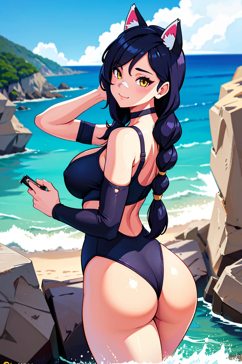 Erisa, 1girl, solo, long hair, looking at viewer, black hair, bandaid on face, yellow eyes, animal ears, smile, bandaid on nose, braid, cat ears, bandaid, bangs, breasts, fake animal ears, simple background, fang, bare shoulders, scar, bare shoulders, closed mouth, hair over one eye, portrait, hair over shoulder, legs, seductive, bathing suit, 2 piece swimsuit, beach, realistic, highly detailed face, detailed eyes, best quality, masterpiece, ultra detail, ultra high res, extreme detail, 8k, uhd, voluptuous, curvy, thick thighs, milf, butt, ass, round ass, from behind, holding up butt, 