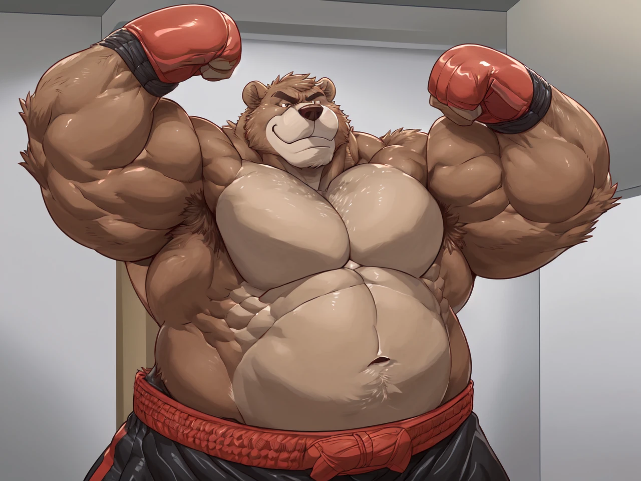 ((solo)), (anthro:1.2) bear (lora; baloo), adult, (athletic:1.4), (dense muscles), (super strong:1.4), (correct anatomy:1.2), (broad shoulders:1.2), (heavy build, massive body:1.6), (realistic fur, detailed brown fur texture:1.3), kickboxing martial arts tournament background (corner of the kickboxing MMA ring:1.6), photorealistic, (black compression shorts), (bare torso:1.4), (footwear:1.2), (detailed kickboxing martial arts black shorts), hyperrealistic, ultradetailed, (by wfa:1.2), (by takemoto_arashi, by vorusuarts, by Traver009:1, by grimfaust:1), natural lighting, (oiled up:1.4), ursine head (open eyes, brown mane), (sexy:1.2), ((serious smirk:1.4) expression), (flexing:1.4), (view from center:1.4)