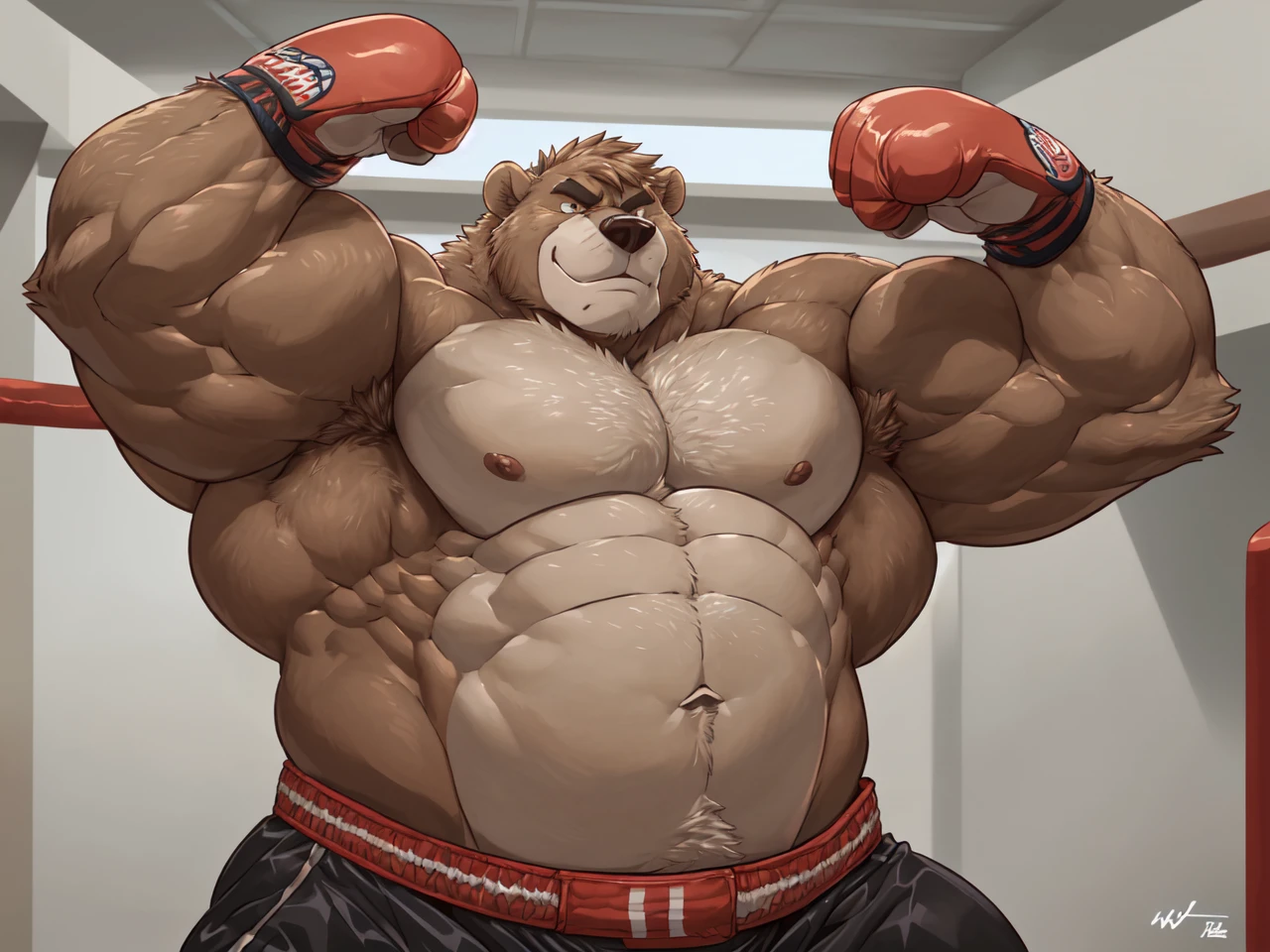 ((solo)), (anthro:1.2) bear (lora; baloo), adult, (athletic:1.4), (dense muscles), (super strong:1.4), (correct anatomy:1.2), (broad shoulders:1.2), (heavy build, massive body:1.6), (realistic fur, detailed brown fur texture:1.3), kickboxing martial arts tournament background (corner of the kickboxing MMA ring:1.6), photorealistic, (black compression shorts), (bare torso:1.4), (footwear:1.2), (detailed kickboxing martial arts black shorts), hyperrealistic, ultradetailed, (by wfa:1.2), (by takemoto_arashi, by vorusuarts, by Traver009:1, by grimfaust:1), natural lighting, (oiled up:1.4), ursine head (open eyes, brown mane), (sexy:1.2), ((serious smirk:1.4) expression), (flexing:1.4), (view from center:1.4)