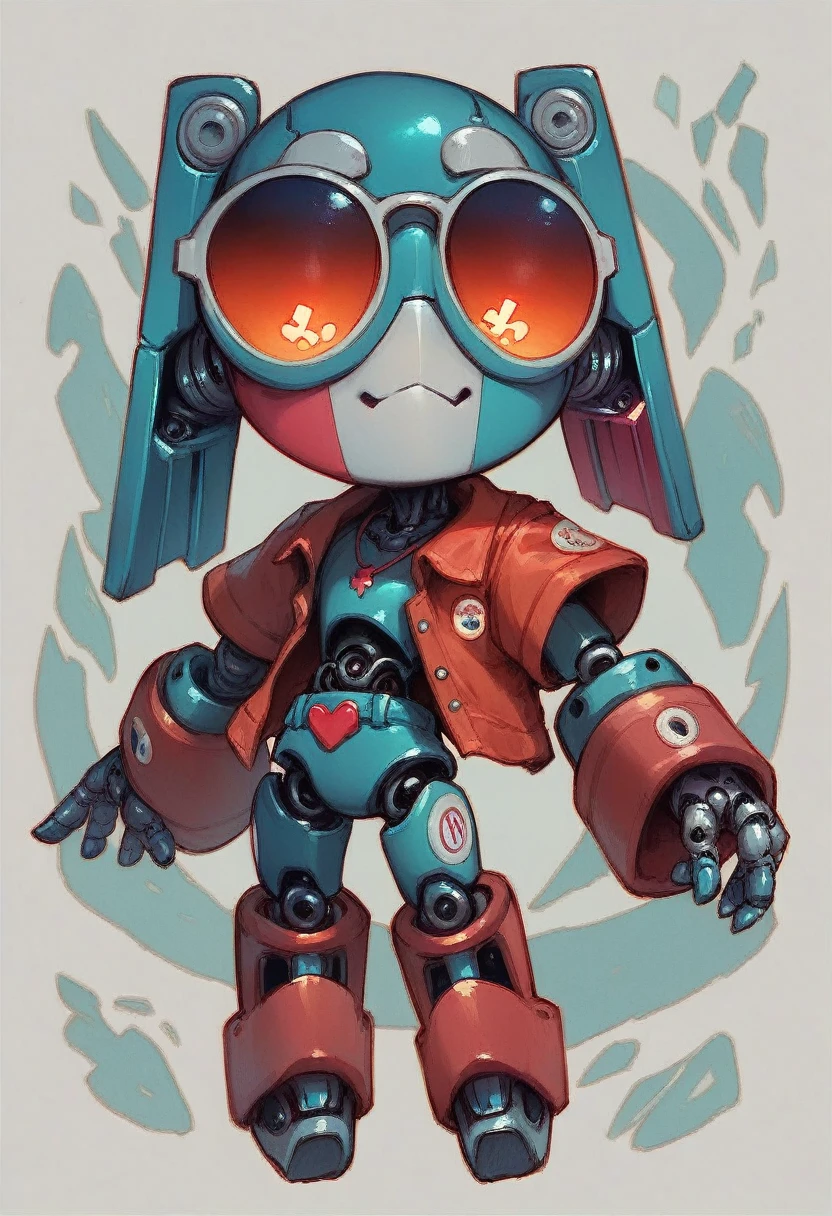 Chibi robot, robot with mask and sunglasses shaped eyes, medabot style, red and white, big head, thick parts