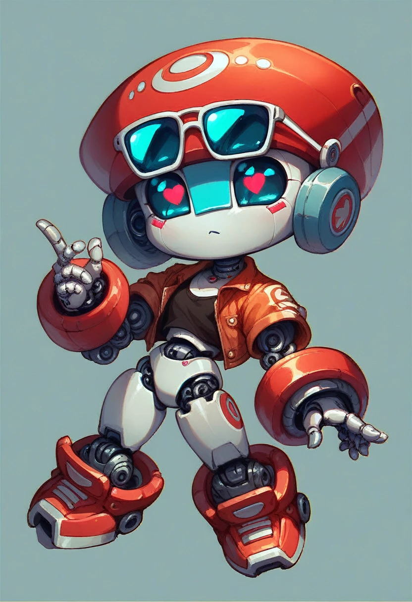 Chibi robot, robot with mask and sunglasses shaped eyes, medabot style, red and white, big head, thick parts