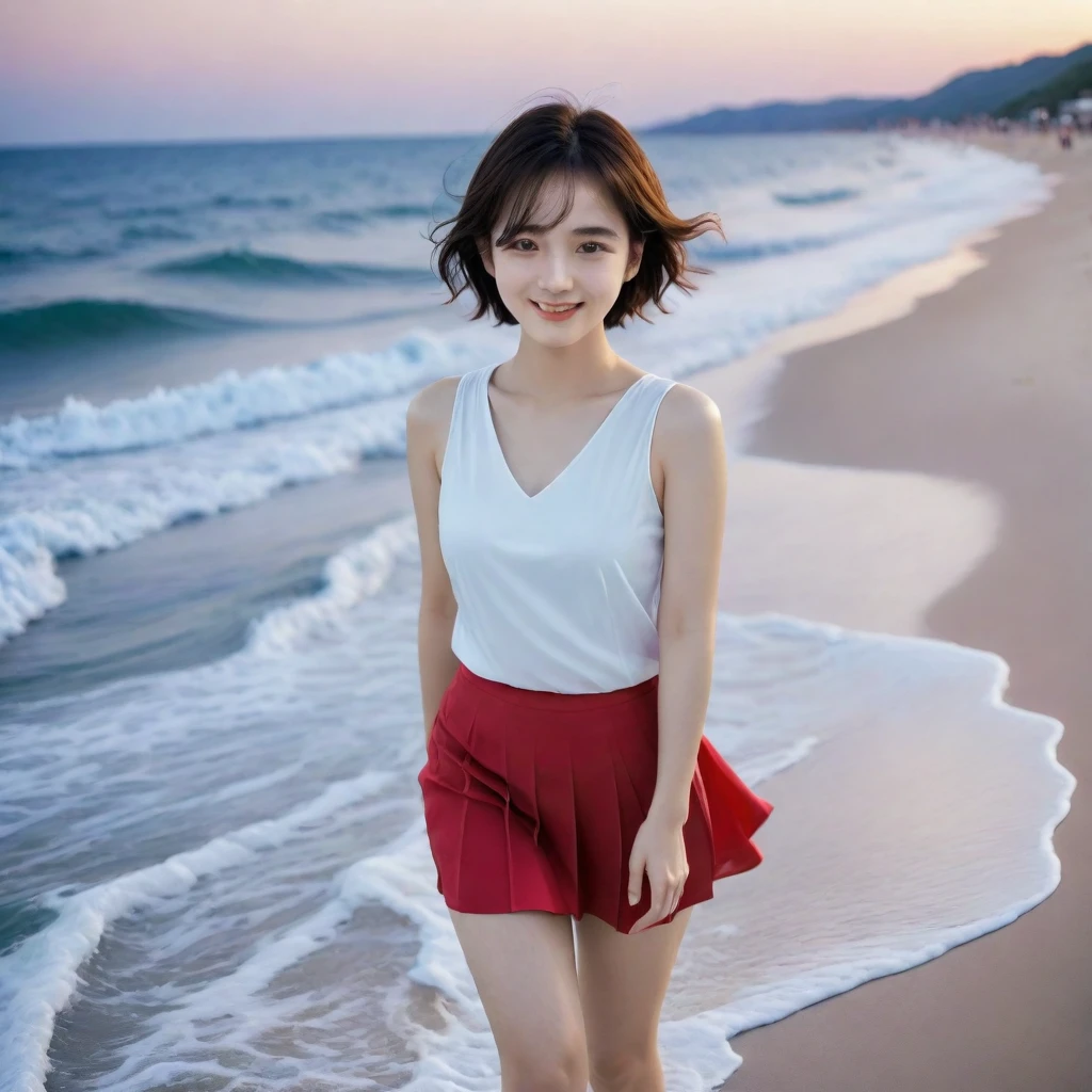 beautiful korean girl, Chest size 34 inches, Wear sleeveless, light skirt, sunrise beach red light. beautiful pretty woman look , wearing a light skirt , Go far into the sea water and dip your toes., Short medium hair blowing in the wind, 1 woman, beautiful eyes, a little smile, Full body photo from a distance with a wide angle lens