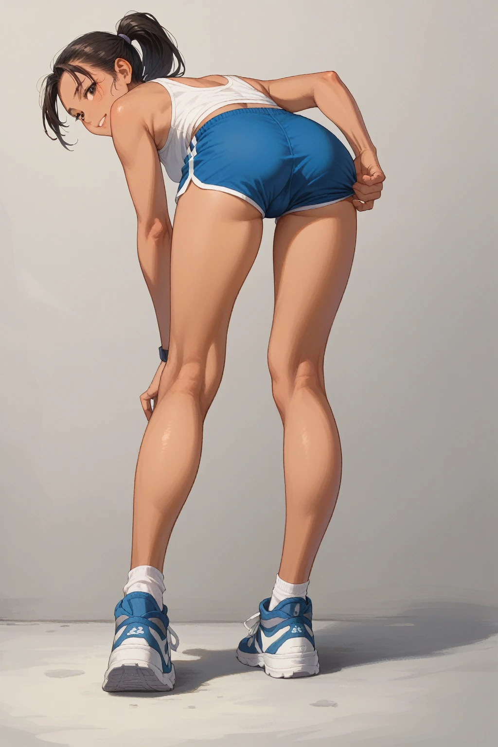 Asian tanned runner woman bending over, exposing butt, running shorts, panties pulled aside, sneakers, glutes, gluteus