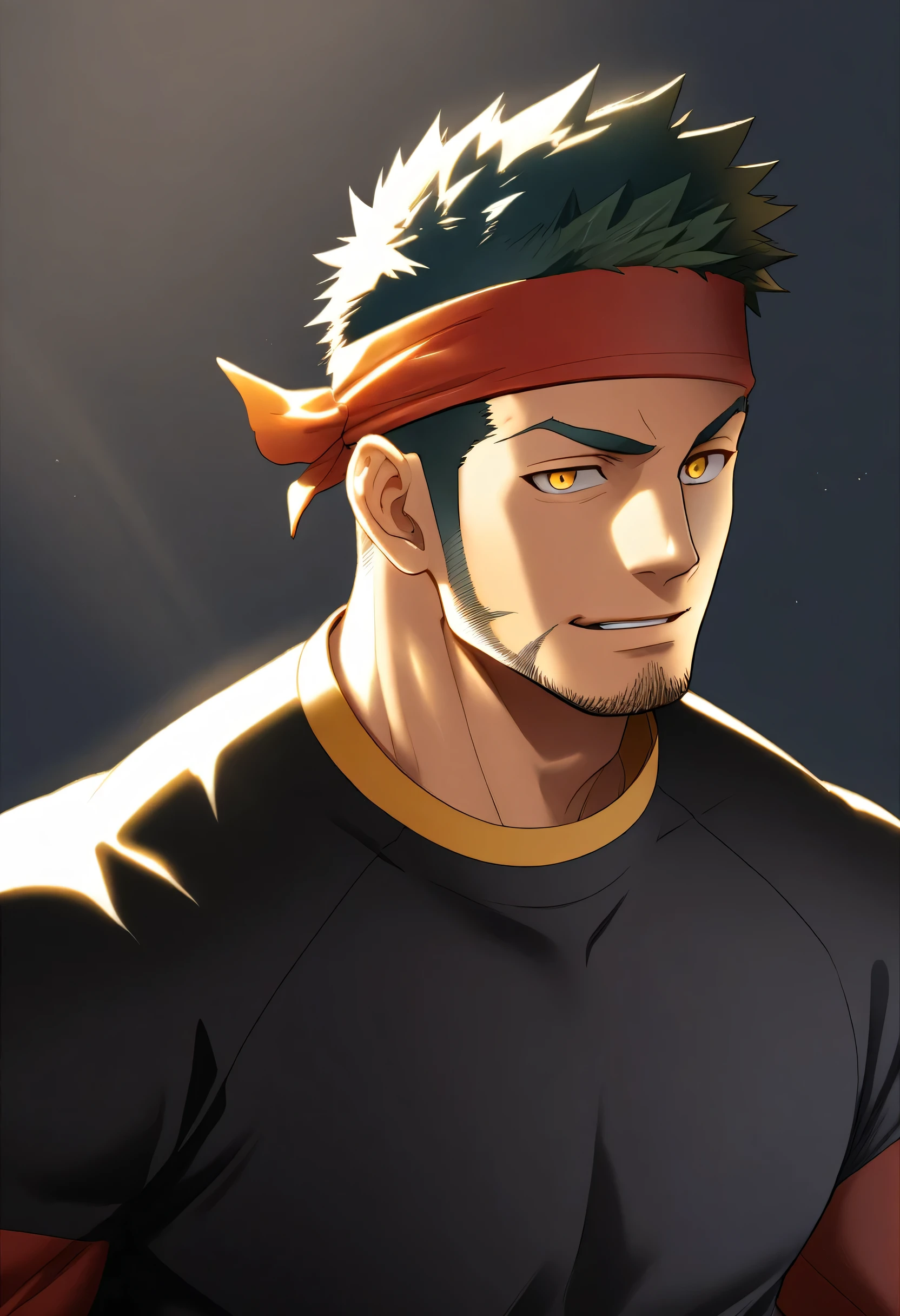 anime characters:Gyee, priapus, 1 muscular man god, sports Red headband, Black sports sweatshirt, muscular male, muscular, only, Upper body, alone, Yellow short hair, Thick eyebrows, stubble, Yellow eyes, White background, simple background, amazing quality, best aesthetics, Ridiculous, bright pupils, crew cut, naughty face, torogao, parted lips, god rays, chiaroscuro, drop shadow, best quality