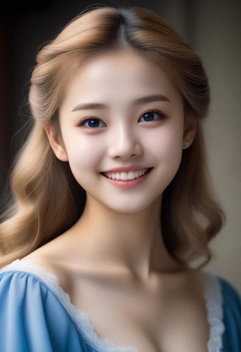 8K, Ultra-high resolution, Highest quality, masterpiece, 三分割法によるphotograph,Surreal, photograph, 1 Girl, (16 years old:1.3), pretty girl, Cute face, Beautiful eyes in every detail, 細かくdetailedに,masterpiece,, One Girl:1.2, Village realistic、Virginia Otis 15 year old girl、Victorian era city, Europe. Noble daughter、Looking up from below、The blonde-haired, blue-eyed depiction wears a long-sleeved, sheer fabric dress、Various sexy poses、smile、Depict the whole body、Beautiful leg line beauty,Full of sex appeal,Sensual,屈託のないsmile,Heal the heart,Short ponytail、beauty,Long neck、Laugh a little、Please close your mouth and laugh、(((Ideal body type))),A cup small breasts :2,、Portraiture:2、Perfect Anatomy、なdetailed、detailed、Surreal、Light and shadow,Strong light