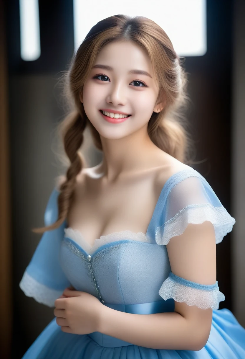 8K, Ultra-high resolution, Highest quality, masterpiece, 三分割法によるphotograph,Surreal, photograph, 1 Girl, (16 years old:1.3), pretty girl, Cute face, Beautiful eyes in every detail, 細かくdetailedに,masterpiece,, One Girl:1.2, Village realistic、Virginia Otis 15 year old girl、Victorian era city, Europe. Noble daughter、Looking up from below、The blonde-haired, blue-eyed depiction wears a long-sleeved, sheer fabric dress、Various sexy poses、smile、Depict the whole body、Beautiful leg line beauty,Full of sex appeal,Sensual,屈託のないsmile,Heal the heart,Short ponytail、beauty,Long neck、Laugh a little、Please close your mouth and laugh、(((Ideal body type))),A cup small breasts :2,、Portraiture:2、Perfect Anatomy、なdetailed、detailed、Surreal、Light and shadow,Strong light