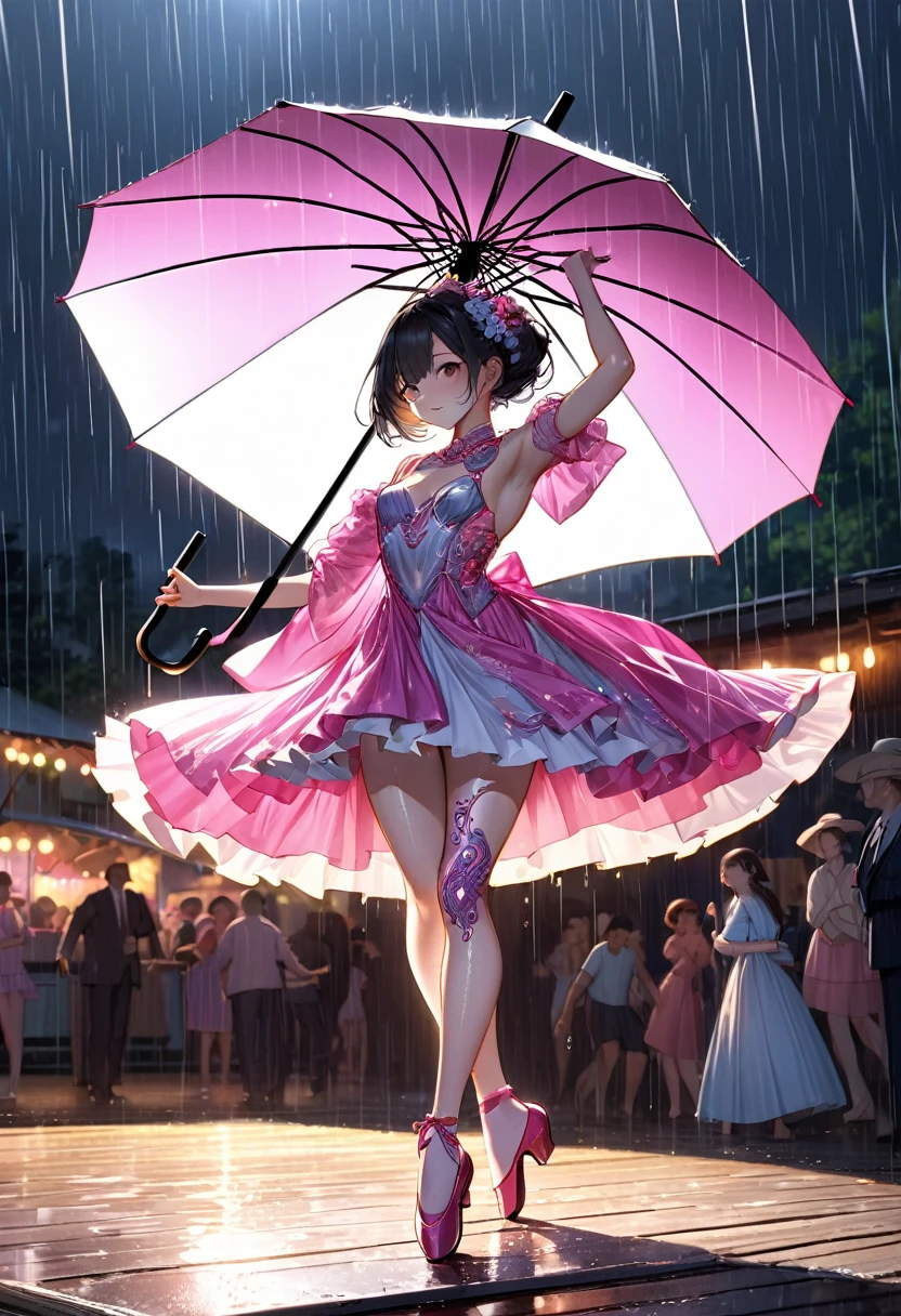 A woman practicing dancing with an umbrella,(Highest quality,Extremely detailed depiction,Incredibly absurd high resolution,Anatomically accurate depiction),(Glowing Skin,Shiny skin,),SFW:1.5,Dresses for dancing,rain,background:Outdoor Stage