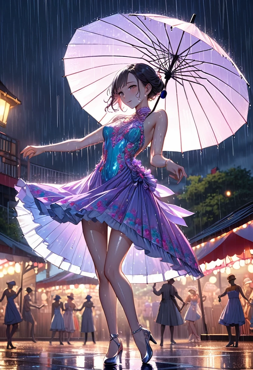 A woman practicing dancing with an umbrella,(Highest quality,Extremely detailed depiction,Incredibly absurd high resolution,Anatomically accurate depiction),(Glowing Skin,Shiny skin,),SFW:1.5,Dresses for dancing,rain,background:Outdoor Stage