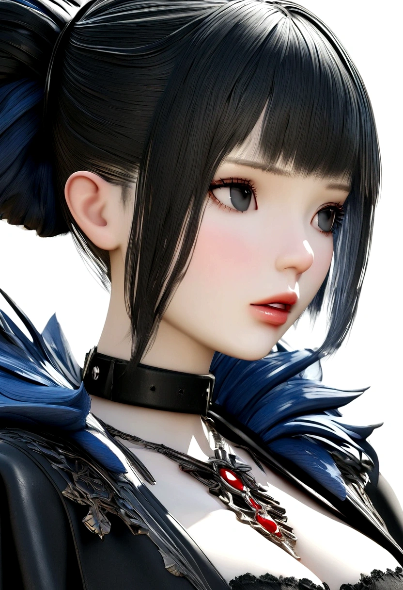 Masterpiece, Best Quality,trabajo de renderizado 3D ,3DMM style,close up,portrait, 3D,1 girl, Alone, multicolor fur, blue fur, black fur, collar, parts, jewelry, two tone hair, looking to the side, realist, Upper part of the body, simple background, hits, looking away, short hair, parted lips, black eyes, lips, Gothic, choker, make up, mole, black shirt, shirt, watermark