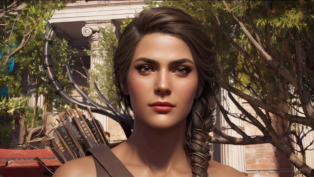 Kassandra, light brown eyes, (best quality, ultra-detailed), (realistic:1.37), beautiful and detailed face, ultra-realistic texture, delicate face, delicate body, red lipstick, bright colors. High definition, 8K.