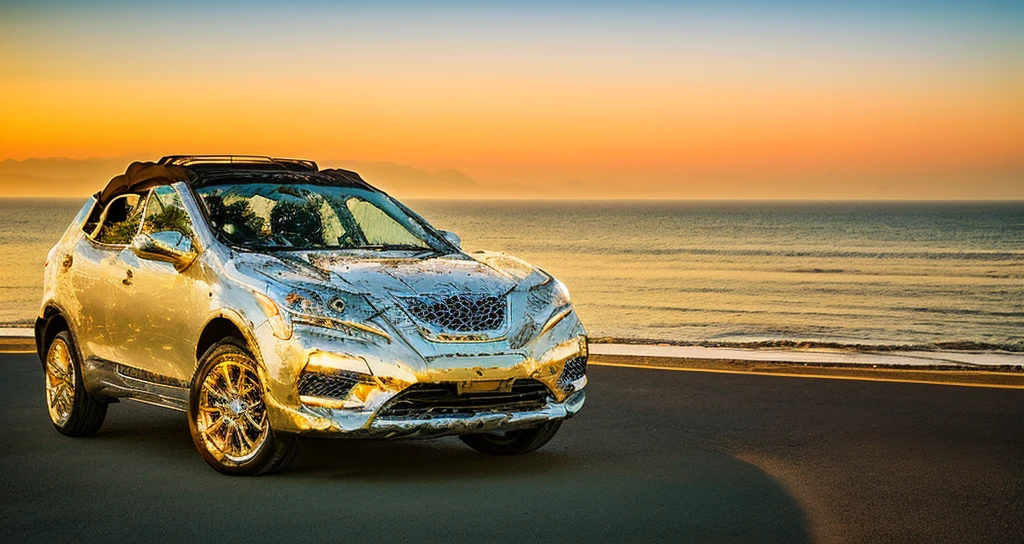 "A classic convertible, its top down, sails along a coastal highway at sunset, its occupants basking in the warm glow of the setting sun. The photograph is executed in a timeless, filmic style, capturing the essence of carefree summer days. The lens frames the car perfectly, with the ocean stretching out to the horizon beyond, creating a breathtaking backdrop. The light is soft and golden, casting a dreamlike quality over the scene. The atmosphere is relaxed and romantic, with the gentle sound of waves and the wind in the hair, making for an unforgettable drive.