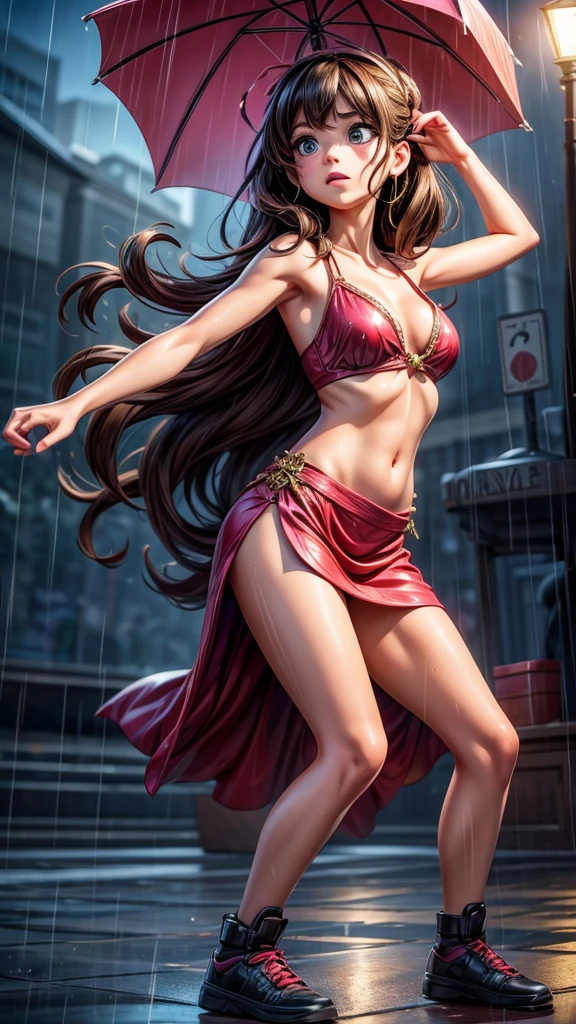 ((A dynamic breaking dance battle between two girls in the rain)), onlookers gathered around, beautiful detailed eyes, beautiful detailed lips, extremely detailed eyes and face, long eyelashes, flowing wet hair, dynamic poses, intricate choreography, dramatic lighting, outdoor stage, (best quality,4k,8k,highres,masterpiece:1.2),ultra-detailed,(realistic,photorealistic,photo-realistic:1.37),cinematic composition,vibrant colors,dramatic chiaroscuro lighting