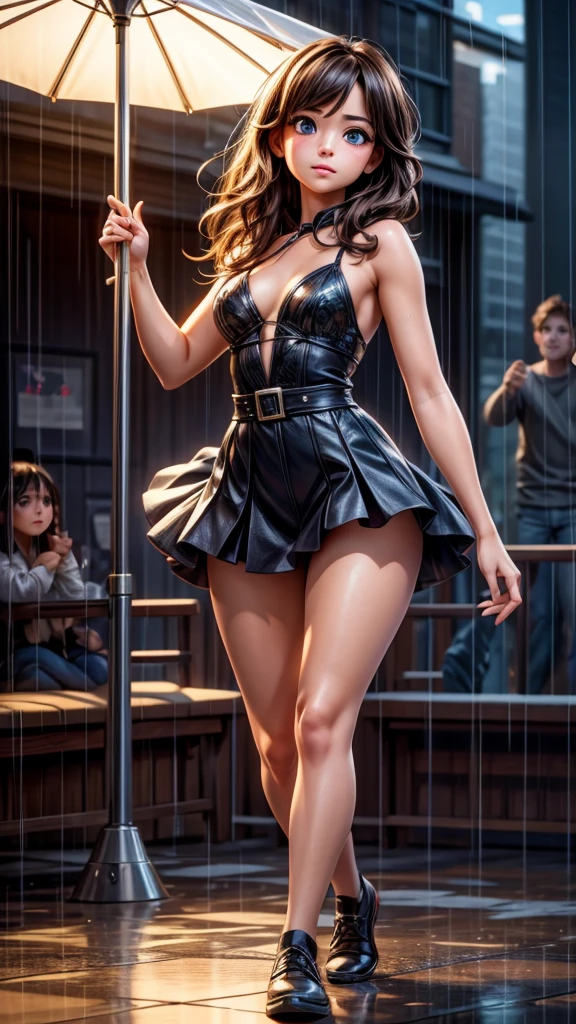 ((A dynamic breaking dance battle between two girls in the rain)), onlookers gathered around, beautiful detailed eyes, beautiful detailed lips, extremely detailed eyes and face, long eyelashes, flowing wet hair, dynamic poses, intricate choreography, dramatic lighting, outdoor stage, (best quality,4k,8k,highres,masterpiece:1.2),ultra-detailed,(realistic,photorealistic,photo-realistic:1.37),cinematic composition,vibrant colors,dramatic chiaroscuro lighting