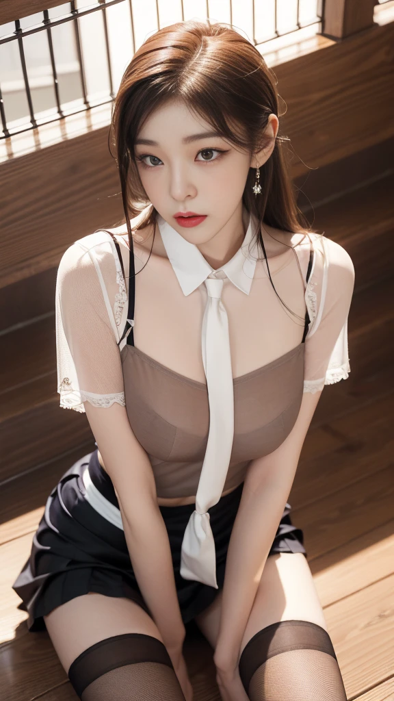 Korean 、summer shirt、Tight shirt、Ribbon Ties、skirt by the、schools、stairs at school、chest lifting pose、Emphasis on the chest、Slender and large、8K raw photos、A high resolution、18-year-old Korean、embarrassing looking、very large round breasts、Beautiful eyes finely detailed、long eyelasher、beautiful double eyelid、eye shadows、eyeline、slender eyes、Elongated eye shape、Sanpaku eyes、beautiful and thin legs、Beautiful slender thighs、Random Shorthair、Tie your hair behind your head、耳Nipple Ring、Light brown hair、(Wear pantyhose)、Hold your knees,short hair, fishnet stocking